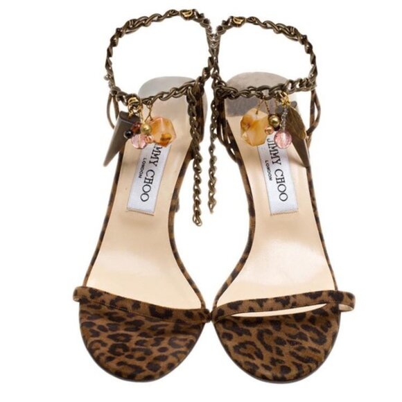 Vintage Jimmy Choo Brown Leopard "Edin" Charm Embellished Sandals Size 39.5 RARE - Picture 1 of 9
